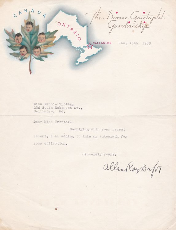 Image for TYPED LETTER SIGNED BY ALLAN ROY DAFOE, M.D. TYPED LETTER SIGNED BY ALLAN ROY DAFOE, M.D.
