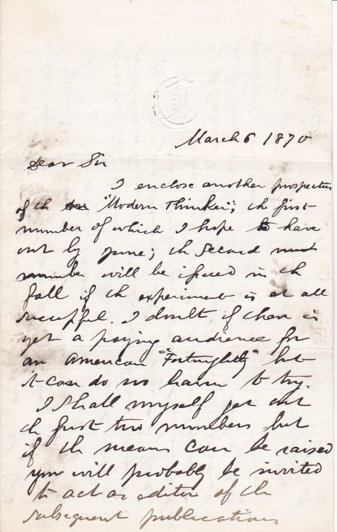 Image for A 3-PAGE AUTOGRAPH LETTER SIGNED BY THE POSITIVIST JOURNALIST DAVID GOODMAN CROLY, Addressed to the American Philosopher and Historian JOHN FISKE. A 3-PAGE AUTOGRAPH LETTER SIGNED BY THE POSITIVIST JOURNALIST DAVID GOODMAN CROLY, Addressed to the American Philosopher and Historian JOHN FISKE.