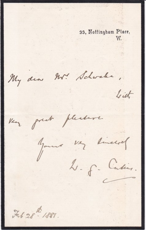 Image for AUTOGRAPH NOTE SIGNED BY WILLIAM CUSINS. AUTOGRAPH NOTE SIGNED BY WILLIAM CUSINS.