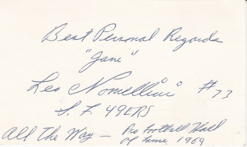 Image for POSTCARD INSCRIBED AND SIGNED by Hall of Fame football player LEO NOMELLINI. POSTCARD INSCRIBED AND SIGNED by Hall of Fame football player LEO NOMELLINI.