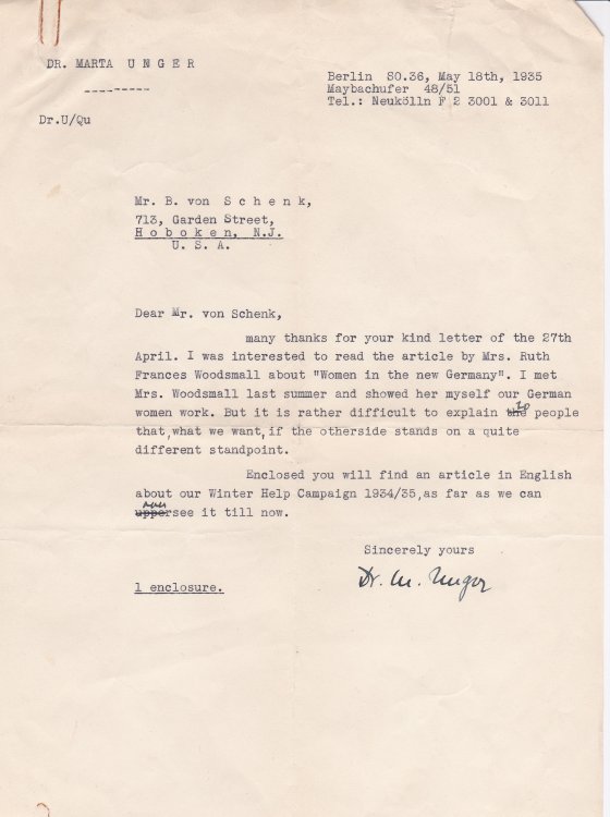 Image for TYPED LETTER SIGNED BY MARTA UNGER OF THE REICHSFRAUENFUHRUNG ENCLOSING INFORMATION ON THE GOVERNMENT'S WINTERHILFSWERK PROGRAM. TYPED LETTER SIGNED BY MARTA UNGER OF THE REICHSFRAUENFUHRUNG ENCLOSING INFORMATION ON THE GOVERNMENT'S WINTERHILFSWERK PROGRAM.