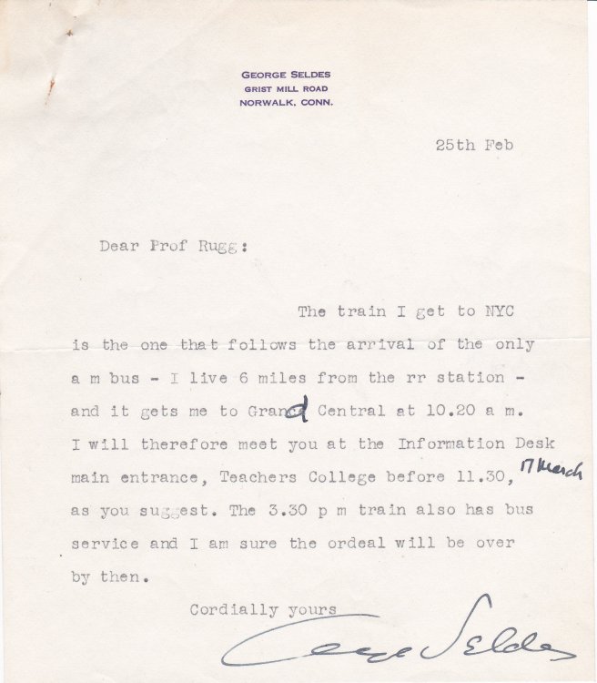 Image for TYPED LETTER SIGNED by American investigative journalist and foreign correspondent GEORGE SELDES. TYPED LETTER SIGNED by American investigative journalist and foreign correspondent GEORGE SELDES.