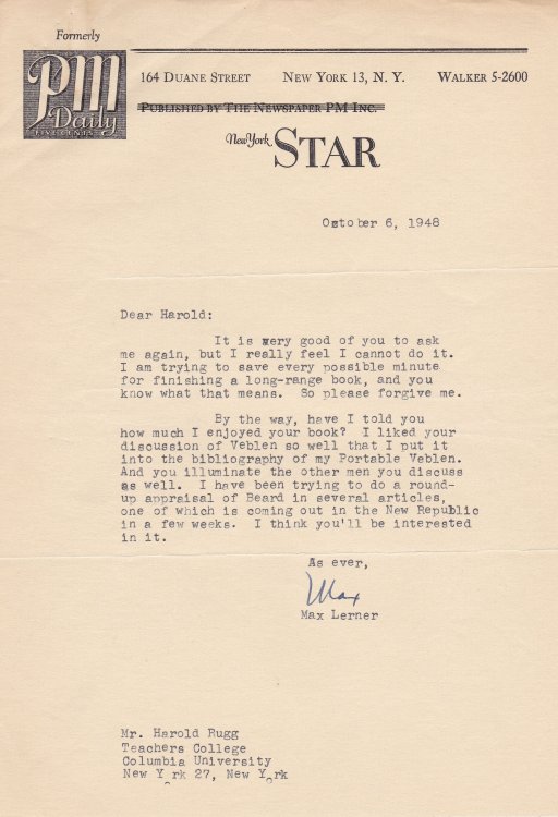 Image for TYPED LETTER TO HAROLD RUGG SIGNED BY MAX LERNER. Together with 2 pages of Rugg's autograph notes on possible speakers for his lecture series. TYPED LETTER TO HAROLD RUGG SIGNED BY MAX LERNER. Together with 2 pages of Rugg's autograph notes on possible speakers for his lecture series.