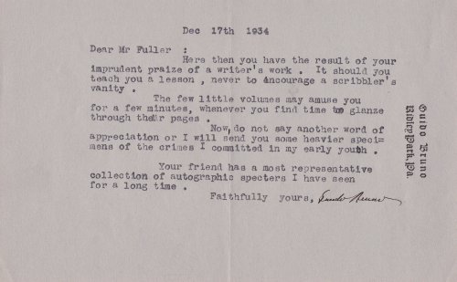 Image for TYPED LETTER SIGNED BY GUIDO BRUNO TO A MR. FULLER. TYPED LETTER SIGNED BY GUIDO BRUNO TO A MR. FULLER.