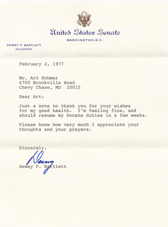 Image for TYPED LETTER SIGNED TO ARTHUR SOHMER, FORMER CHIEF-OF-STAFF OF VICE PRESIDENT SPIRO AGNEW, SIGNED BY U.S. SENATOR DEWEY FOLLETT BARTLETT, SR. TYPED LETTER SIGNED TO ARTHUR SOHMER, FORMER CHIEF-OF-STAFF OF VICE PRESIDENT SPIRO AGNEW, SIGNED BY U.S. SENATOR DEWEY FOLLETT BARTLETT, SR.