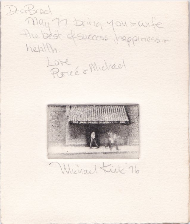Image for AUTOGRAPH NOTE SIGNED BY RENEE ROCKOFF ILLUSTRATED WITH AN ORIGINAL SIGNED ETCHING BY MICHAEL KIRK. AUTOGRAPH NOTE SIGNED BY RENEE ROCKOFF ILLUSTRATED WITH AN ORIGINAL SIGNED ETCHING BY MICHAEL KIRK.