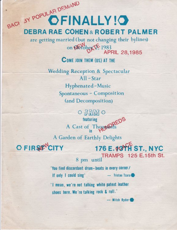 Image for FINALLY! DEBRA RAE COHEN & ROBERT PALMER ARE GETTING MARRIED (but not changing their bylines) on October 2, 1983. FINALLY! DEBRA RAE COHEN & ROBERT PALMER ARE GETTING MARRIED (but not changing their bylines) on October 2, 1983.