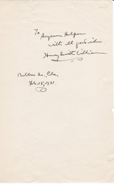 NOTE PAPER INSCRIBED AND SIGNED BY AMERICAN DOCTOR AND AUTHOR HENRY SMITH WILLIAMS WHO ADVOCATED MORE HUMANE TREATMENT OF DRUG ADDICTS.