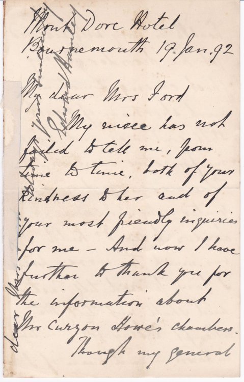 Image for A FOUR-PAGE AUTOGRAPH LETTER SIGNED by the British General and Literary Figure SIR EDWARD BRUCE HAMLEY to Mrs. Mary Ford, widow of Richard Ford who wrote the popular A FOUR-PAGE AUTOGRAPH LETTER SIGNED by the British General and Literary Figure SIR EDWARD BRUCE HAMLEY to Mrs. Mary Ford, widow of Richard Ford who wrote the popular