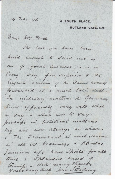 Image for AUTOGRAPH LETTER SIGNED BY SOLDIER AND WRITER ON MILITARY MATTERS MAJOR-GENERAL JOHN BARTON STERLING. AUTOGRAPH LETTER SIGNED BY SOLDIER AND WRITER ON MILITARY MATTERS MAJOR-GENERAL JOHN BARTON STERLING.