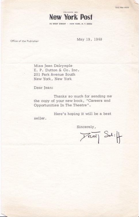 Image for TYPED LETTER TO CITY CENTER PRODUCER JEAN DALRYMPLE SIGNED BY NEW YORK POST PUBLISHER DOROTHY SCHIFF, NEW YORK'S FIRST FEMALE NEWSPAPER PUBLISHER. TYPED LETTER TO CITY CENTER PRODUCER JEAN DALRYMPLE SIGNED BY NEW YORK POST PUBLISHER DOROTHY SCHIFF, NEW YORK'S FIRST FEMALE NEWSPAPER PUBLISHER.