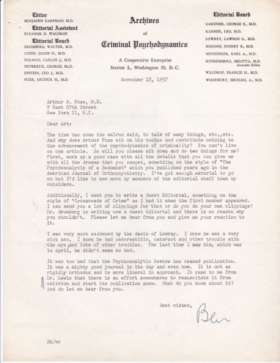 Image for TYPED LETTER TO PSYCHIATRIST AND CRIMINOLOGY EXPERT ARTHUR N. FOXE SIGNED BY PSYCHIATRIST BENJAMIN KARPMAN, EDITOR OF ARCHIVES OF CRIMINAL PSYCHODYNAMICS. TYPED LETTER TO PSYCHIATRIST AND CRIMINOLOGY EXPERT ARTHUR N. FOXE SIGNED BY PSYCHIATRIST BENJAMIN KARPMAN, EDITOR OF ARCHIVES OF CRIMINAL PSYCHODYNAMICS.