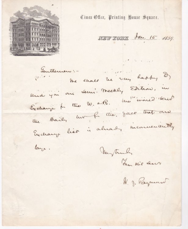 Image for AUTOGRAPH LETTER ON PICTORIAL LETTERHEAD SIGNED BY CO-FOUNDER OF THE NEW YORK TIMES HENRY JARVIS RAYMOND. AUTOGRAPH LETTER ON PICTORIAL LETTERHEAD SIGNED BY CO-FOUNDER OF THE NEW YORK TIMES HENRY JARVIS RAYMOND.