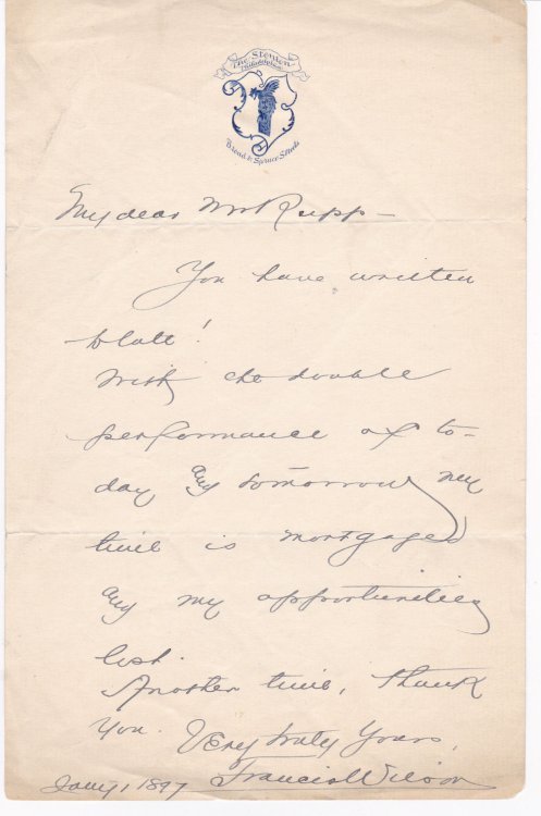 Image for AUTOGRAPH LETTER SIGNED BY AMERICAN STAGE ACTOR AND FOUNDING PRESIDENT OF ACTORS EQUITY FRANCIS WILSON. AUTOGRAPH LETTER SIGNED BY AMERICAN STAGE ACTOR AND FOUNDING PRESIDENT OF ACTORS EQUITY FRANCIS WILSON.