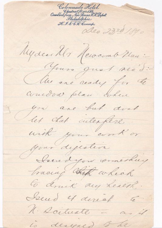 Image for A FRIENDLY, HUMOROUSLY SARCASTIC LETTER TO ARCHITECT EDGAR ALLEN POE NEWCOMB SIGNED BY AMERICAN STAGE ACTOR FRANCIS WILSON. A FRIENDLY, HUMOROUSLY SARCASTIC LETTER TO ARCHITECT EDGAR ALLEN POE NEWCOMB SIGNED BY AMERICAN STAGE ACTOR FRANCIS WILSON.