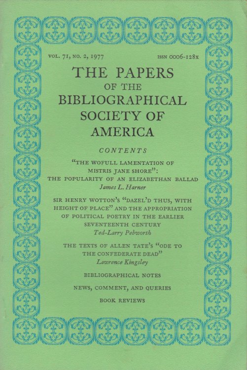 Image for THE PAPERS OF THE BIBLIOGRAPHICAL SOCIETY OF AMERICA. Volume Seventy-One, Second Quarter, 1977. THE PAPERS OF THE BIBLIOGRAPHICAL SOCIETY OF AMERICA. Volume Seventy-One, Second Quarter, 1977.