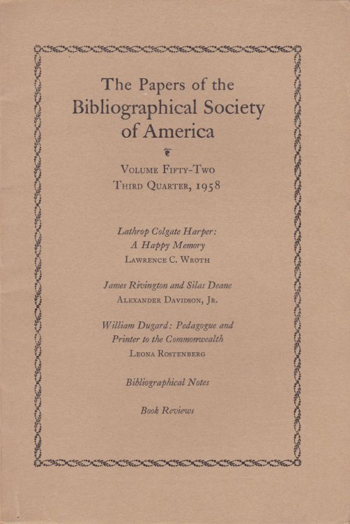 Image for THE PAPERS OF THE BIBLIOGRAPHICAL SOCIETY OF AMERICA. Volume Fifty-Two, Third Quarter, 1958. THE PAPERS OF THE BIBLIOGRAPHICAL SOCIETY OF AMERICA. Volume Fifty-Two, Third Quarter, 1958.