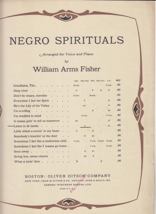 Negro Spirituals: Listen to the Lambs, Arranged for Voice and Piano.