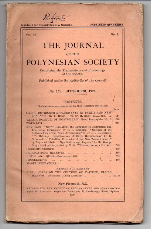 Image for The Journal of the Polynesian Society. No. 151. September, 1929 - Vol. 38, No. 3. The Journal of the Polynesian Society. No. 151. September, 1929 - Vol. 38, No. 3.