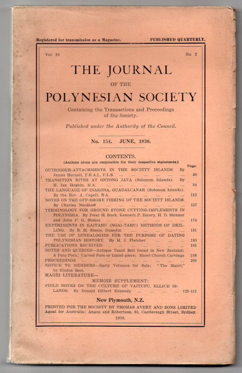 Image for The Journal of the Polynesian Society. No. 154. June, 1930 - Vol. 39, No. 2. The Journal of the Polynesian Society. No. 154. June, 1930 - Vol. 39, No. 2.