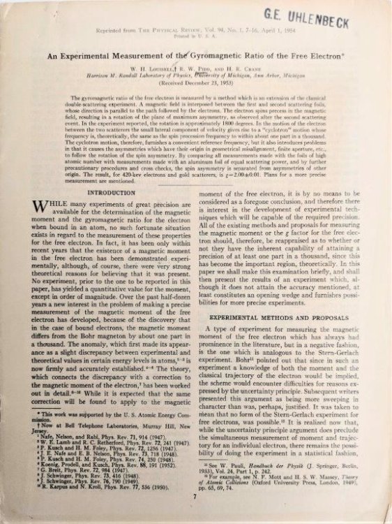 An Experimental Measurement of the Gyromagnetic Ratio of the Free Electron. [Offprint].