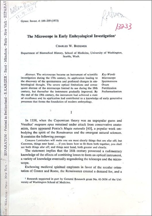Image for The Microscope in Early Embryological Investigation. The Microscope in Early Embryological Investigation.