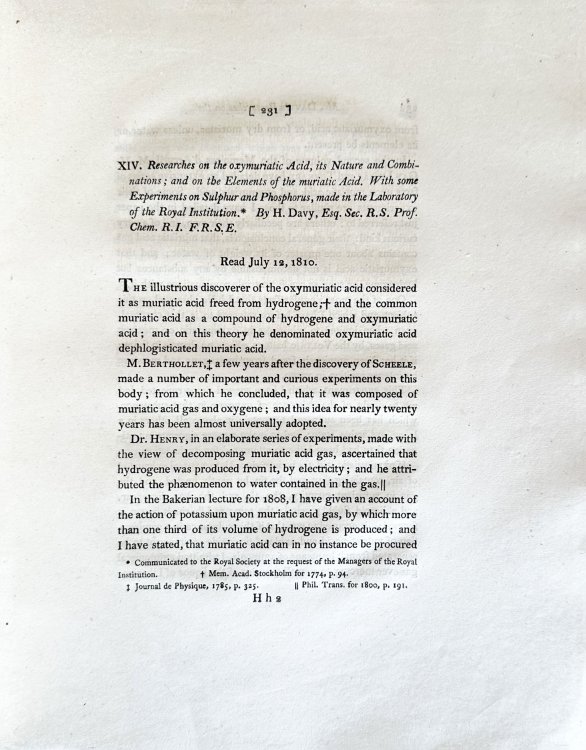 Image for Researches on the oxymuriatic acid, its nature and combinations; and on the elements of the muriatic acid. With some experiments on sulphur and phosphorus, made in the laboratory of the Royal Institution. In: Philosophical Transactions of the Royal Society of London for the year MDCCCX, Part II. Researches on the oxymuriatic acid, its nature and combinations; and on the elements of the muriatic acid. With some experiments on sulphur and phosphorus, made in the laboratory of the Royal Institution. In: Philosophical Transactions of the Royal Society of London for the year MDCCCX, Part II.