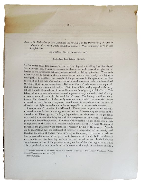 Image for Note on the reduction of Mr. Crooke's experiments on the decrement of the arc of vibration of a mica plate oscillating within a bulb containing more or less rarefied gas. Extract from: Philosophical Transactions of the Royal Society of London, Volume 172, Part II. Note on the reduction of Mr. Crooke's experiments on the decrement of the arc of vibration of a mica plate oscillating within a bulb containing more or less rarefied gas. Extract from: Philosophical Transactions of the Royal Society of London, Volume 172, Part II.