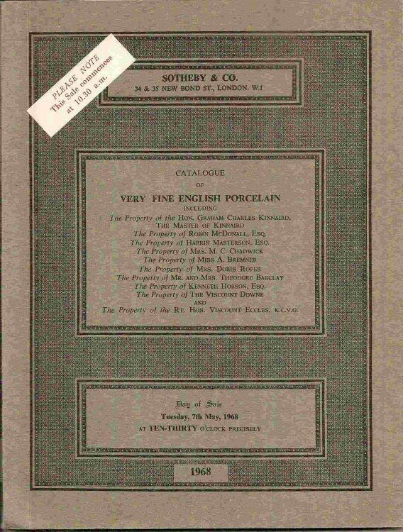 Tuesday, 7th May, 1968; Catalogue of VERY FINE ENGLISH PORCELAIN