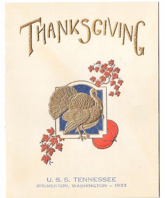Menu, Thanksgiving 1933, USS Tennessee, Bremerton, WAshington