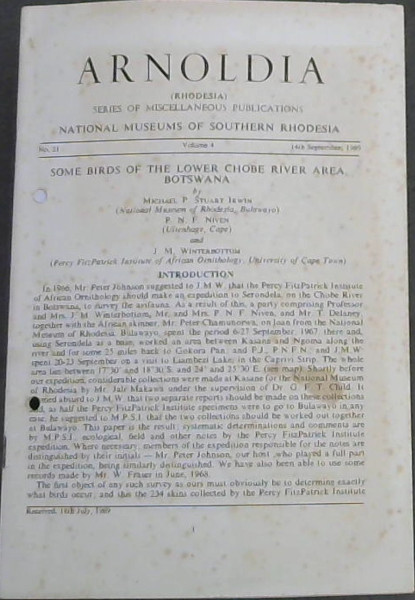 Image for Arnoldia: No. 21, Volume 4, 1969, Some Birds of the Lower Chobe River Area, Botswana Arnoldia: No. 21, Volume 4, 1969, Some Birds of the Lower Chobe River Area, Botswana