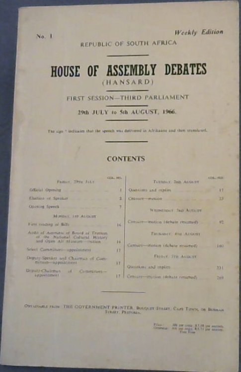 Hansard: House of Assembly Debates : First Session - Third Parliament - 29th July to 5th August 1966