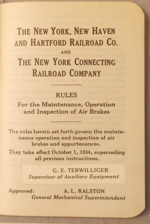 Image for Rules for the Maintenance, Operation and Inspection of Air Brakes, They Take Effect October 1, 1934: New York, New Haven and Hartford Railroad Company and Hartford Railroad Company Rules for the Maintenance, Operation and Inspection of Air Brakes, They Take Effect October 1, 1934: New York, New Haven and Hartford Railroad Company and Hartford Railroad Company
