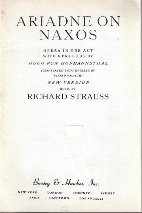 Ariadne on Naxos;: Opera in one act, with a prelude,
