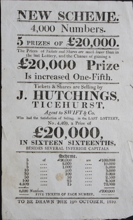 New Scheme. 4,000 Numbers. 5 Prizes of &pound;20,000. Tickets and Shares are Selling by J. Hutchins, Ticehurst, Agent to Swift and Co.To be drawn the 19th October, 1810.