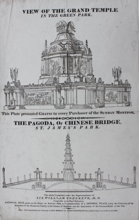 View of the Grand Temple in Green Park and The Pagoda, or Chinese Bridge, St. James&rsquo;s Park. The whole completed under the Superintendance of Sir William Congreve M.P. Comptroller to the Royal Laboratory.