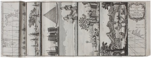 Anson&rsquo;s Voyage Round the World, Chart with 6 engraved views: a chart of the Pacific Ocean from the Equinoctial to the Latitude of 39&frac12;.