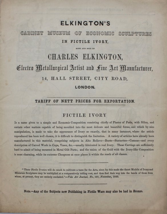 Elkington&rsquo;s Cabinet Museum of Economic Sculpture in Fictile Ivory, made and sold by Charles Elkington, Electro Metallurgical Artist and Fine Art Manufacturer. Tariff of Nett Prices for Exportation.