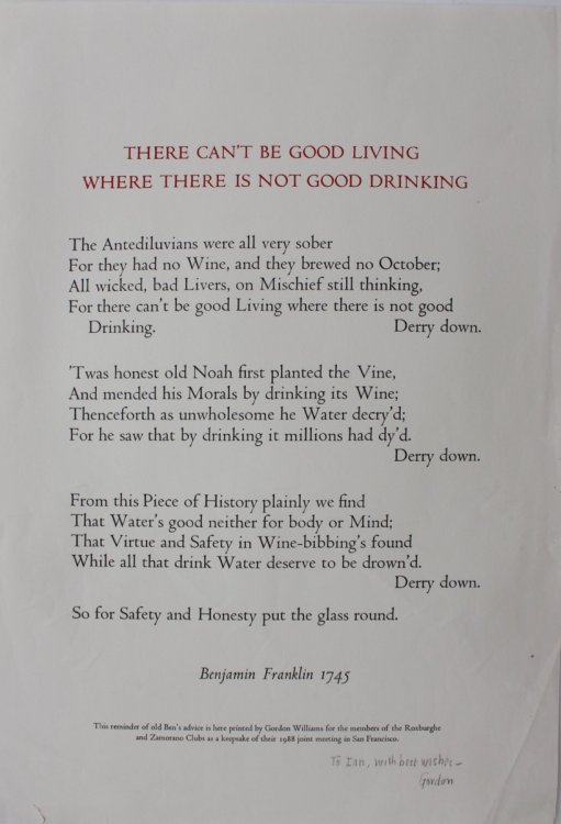 Image for There Can’t Be Good Living Where There is Not Good Drinking, by Benjamin Franklin 1745. There Can’t Be Good Living Where There is Not Good Drinking, by Benjamin Franklin 1745.