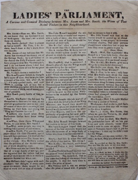 The Ladies&rsquo; Parliament, A Curious and Comical Dialogue between Mrs. Axum and Mrs Smith, the Wives of Two Noted Tailors in this Neighbourhood.