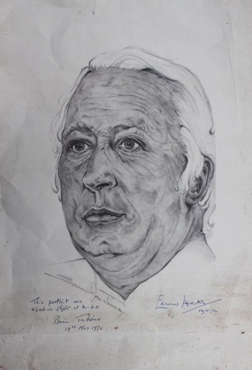 Large Pencil Portraits of Edward Heath and Lord Carington Signed on Concorde at Mach 2.0 by Brian Trubshaw, test pilot for the first passenger supersonic aircraft.