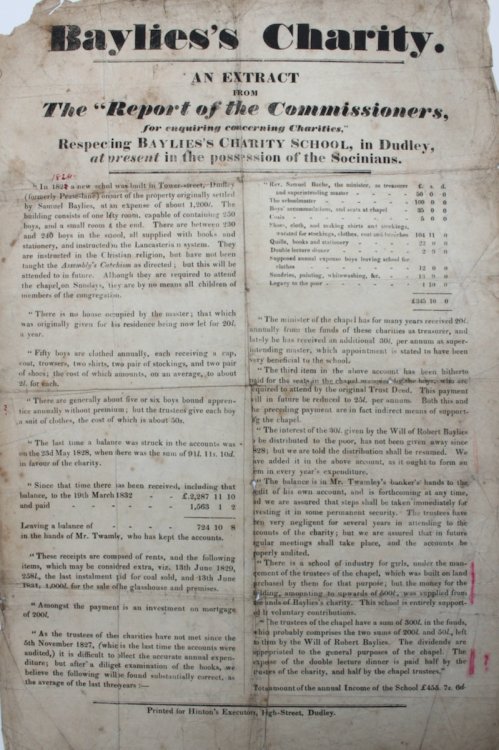 An Extract from The &ldquo;Report of the Commissioners, for enquiring concerning Charities,&rdquo; respecting Baylies&rsquo;s Charity School, in Dudley, at present in the possession of the Socinians.