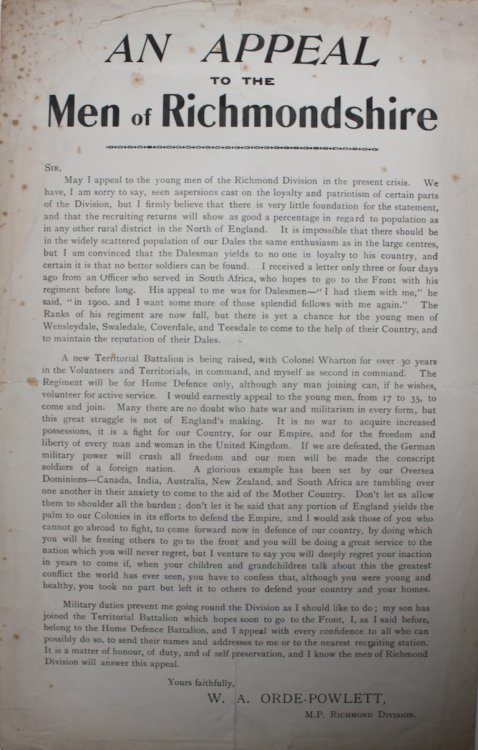 An Appeal to the Men of Richmondshire. [WWI Recruitment]