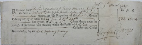 Received from the Laird of Niddrie & James Murray Esq. the Sum of Two hundred thirty four pounds sixteen shilling and four pennies Cess payable.four Months Cess.payable at &pound;1.4.6d Scots Money upon the 100L. of his valued Rent Monthly within the Parish of Yetholme. Collector and Clerks Fees