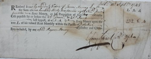 Received from the Laird of Niddrie and James Murray Esq. the Sum of Two hundred thirty two pounds eight shillings fourpence Scots Money, as his Proportion of four Months Cess.at &pound;1.4s3d Scots Money upon the 100L. of his valued Rent Monthly within the Parish of Yetholme.