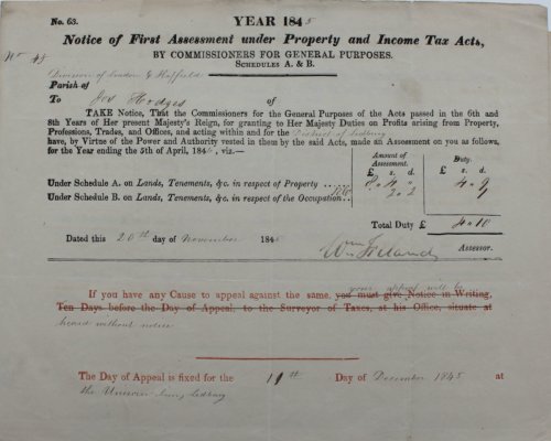 Notice of First Assessment under Property and Income Tax Acts, by Commissioners for General Purposes, Schedules A. & B. Division of London & Hatfield. To John Hodges.an Assessment.Under Schedule A. on Lands, Tenements, &c. in respect of Property &pound;8 4s. 0d. Duty 4s. 9d. Under Schedu