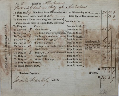 Forfarshire Assessed Taxes, Due March 25, 1832. No. 3 Parish of Aberlemno, Patrick Chalmers Esq of Auldbar. To Duty of 69 Windows.&pound;20 19s 3d.