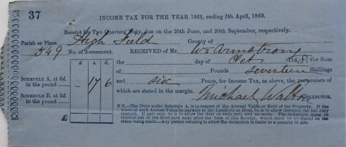 Receipt for Two Quarters&rsquo; Duty.Parish or PLace High Field.Received of Wm Armstrong.the Sum of Seventeen Shilling and Six Pence for Income Tax.