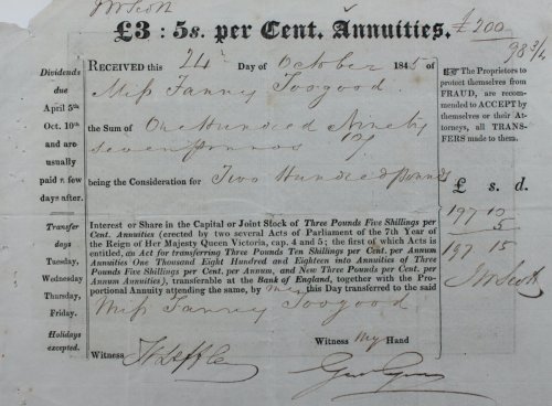 &pound;3: 5s. per Cent Annuities. Received.of Miss Fanny Toogood the Sum of One Hundred Ninety Seven pounds 10s being the Consideration for Two Hundred Pounds Interest or Share in the Capital or Joint Stock.