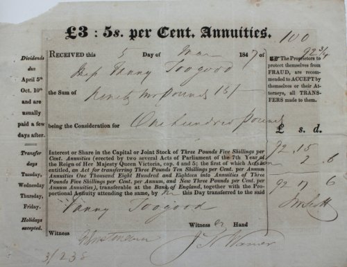 &pound;3: 5s. per Cent Annuities. Received.of Miss Fanny Toogood the Sum of Ninety two pounds 15s being the Consideration for One Hundred Pounds Interest or Share in the Capital or Joint Stock.